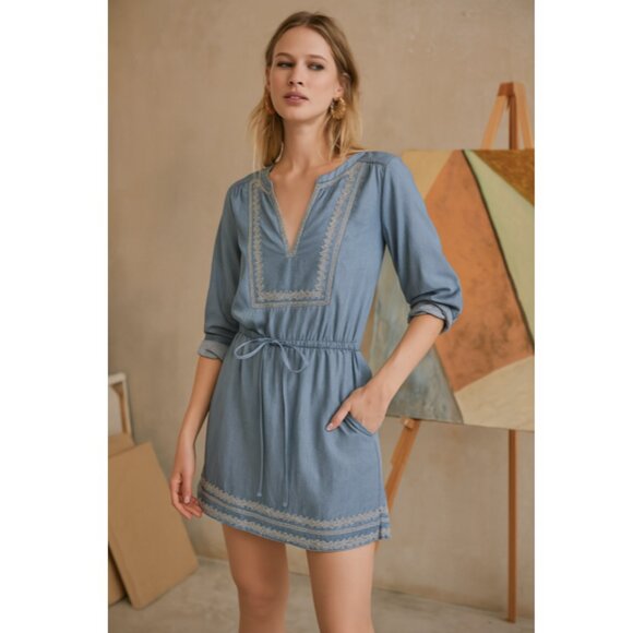 Gap TENCEL™ Women's Embroidered Dress X-Small Split Neck Pockets Drawstring - Picture 1 of 8